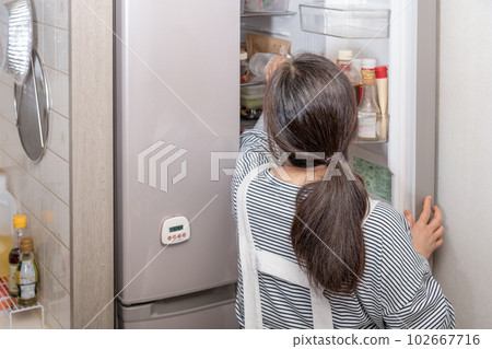 [Housewife taking out food from the refrigerator] 102667716