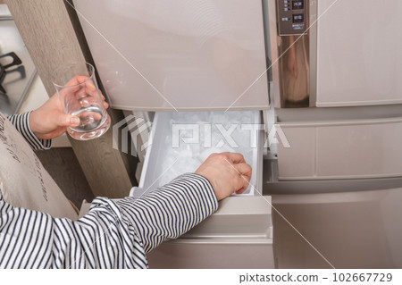 [A housewife putting ice into a glass from the ice maker] 102667729