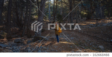 caucasian woman enjoys being in nature, 102668466