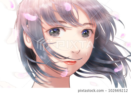 A line drawing color illustration of a girl in the midst of dancing petals and the wind Petals = Yes Tears = Yes 102669212