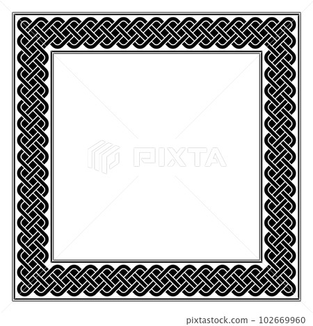 Square frame with guilloche knot pattern. Border made of endless repeated motifs of the Solomons knot, consisting of three interlaced and interwoven lines, framed by black lines. Isolated. Vector. Square frame with guilloche knot pattern. Border made of endless repeated motifs of the Solomons knot, consisting of three interlaced and interwoven lines, framed by black lines. Isolated. Vector. 102669960