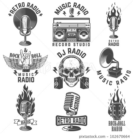 Radio FM icona logo. Emblema vintage, etichetta, badge in stile