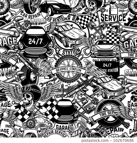 Seamless pattern with auto repair design elements in monochrome style. Design element for poster, card, banner. Vector illustration 102670686