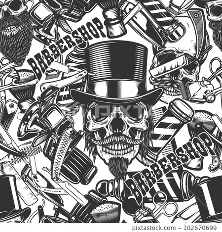 Seamless pattern with barbershop design elements in monochrome style. Design element for poster, card, banner. Vector illustration 102670699