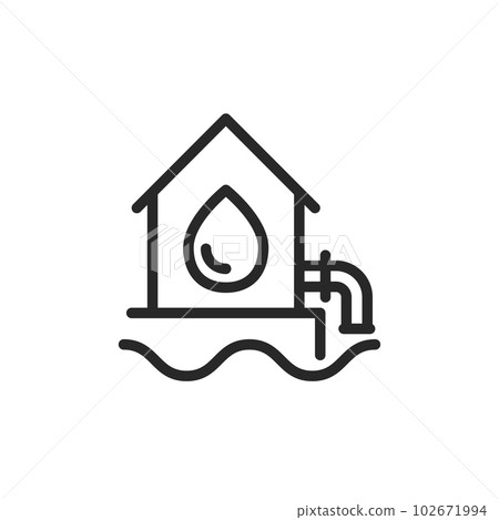Water Supply System Icon. Vector Outline Sign of House with Water Drop and Pipe - Vector Symbol Depicting Residential Plumbing and Water Infrastructure. 102671994