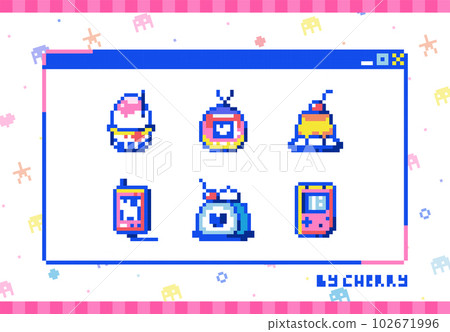 Pixel Art Retro Y2k Geek Set. 8bit retro style vintage pocket gadgets and tasty sweets. Ice cream, video game, dessert cake, mp3 player, game pocket console. Pack of avatars, stickers or badges. 102671996