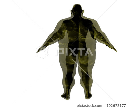 3D render. Athletic man inside an obese body on a white background. Copy space. 3D render. Athletic man inside an obese body on a white background. Copy space. 102672177
