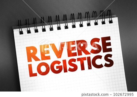 Reverse logistics - type of supply chain management that moves goods from customers back to the sellers or manufacturers, text concept on notepad 102672995