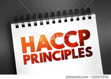 HACCP PRINCIPLES, identification, evaluation, and control of food safety hazards based on the following seven principles, text concept on notepad HACCP PRINCIPLES, identification, evaluation, and control of food safety hazards based on the following seven principles, text concept on notepad 102673046