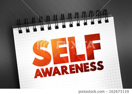 Self-awareness - experience of one's own personality or individuality, text concept on notepad 102673139