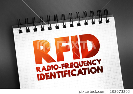 RFID Radio-Frequency Identification - electromagnetic fields to automatically identify and track tags attached to objects, text concept on notepad RFID Radio-Frequency Identification - electromagnetic fields to automatically identify and track tags attached to objects, text concept on notepad 102673203