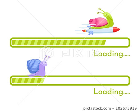 Snail internet connection speed. Slow and rocket fast download, loading bar with funny cartoon snails vector illustration Snail internet connection speed. Slow and rocket fast download, loading bar with funny cartoon snails vector illustration 102673919