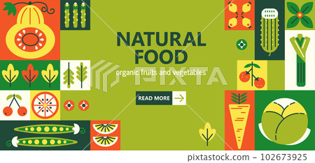 Healthy food products geometric mosaic. Organic fruits and vegetables, natural food banner template. Modern flat vector grid illustration Healthy food products geometric mosaic. Organic fruits and vegetables, natural food banner template. Modern flat vector grid illustration 102673925