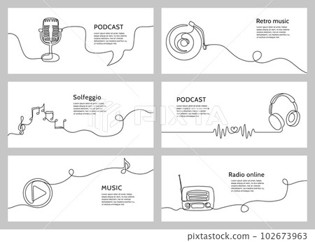 Continuous one line music banners. Audio podcast, online radio, music theory lessons, media player and headphones promo vector template set Continuous one line music banners. Audio podcast, online radio, music theory lessons, media player and headphones promo vector template set 102673963
