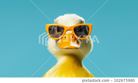 Funny duck in sunglasses in trendy style on colorful background. Portrait pet summer. Pet care, generated AI Funny duck in sunglasses in trendy style on colorful background. Portrait pet summer. Pet care, generated AI 102673980