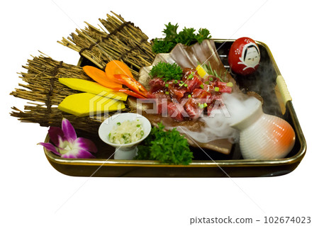 Top view of diced beef thigh, focus selective Top view of diced beef thigh, focus selective 102674023