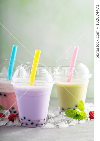 Variety of bubble tea in plastic cups Variety of bubble tea in plastic cups 102674473