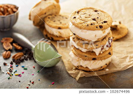 Ice cream sandwiches with chocolate chip cookies 102674496