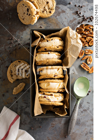 Ice cream sandwiches with chocolate chip cookies Ice cream sandwiches with chocolate chip cookies 102674498