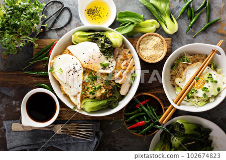 Asian food concept with fried rice, baby bok choy Asian food concept with fried rice, baby bok choy 102674823