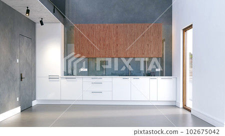 The project of a modern kitchen with a panoramic window. 102675042