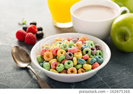 Fruit colorful sweet cereals with juice and cocoa 102675168