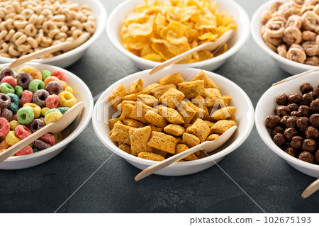 Variety of cold cereals in white bowls with spoons 102675193