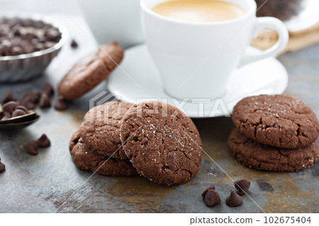 Chocolate cookies with sugar coating 102675404