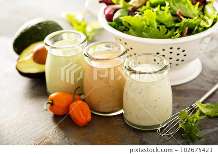 Homemade ranch dressing variety in small jars Homemade ranch dressing variety in small jars 102675421