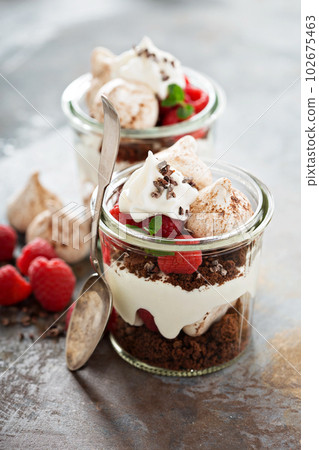 Layered dessert with chocolate cake and whipped cream Layered dessert with chocolate cake and whipped cream 102675463
