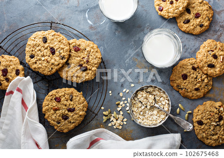 Healthy oatmeal cookies with dried fruits Healthy oatmeal cookies with dried fruits 102675468