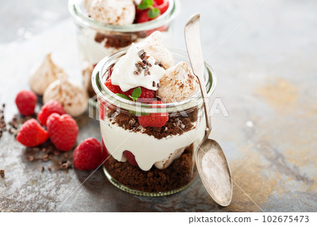 Layered dessert with chocolate cake and whipped cream 102675473
