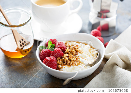 Cottage cheese for breakfast with granola 102675668