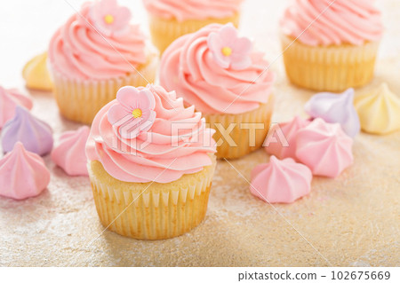 Vanilla cupcakes with pink raspberry frosting Vanilla cupcakes with pink raspberry frosting 102675669