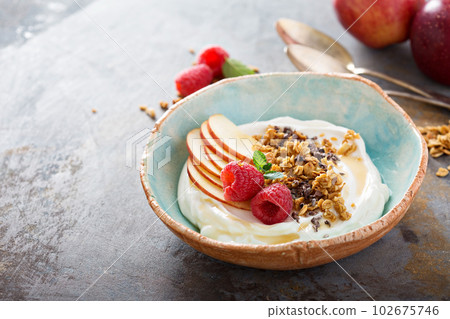 Yogurt bowl with raspberry and granola 102675746
