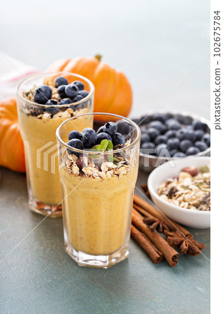 Pumpkin smoothie with oatmeal and blueberry 102675784