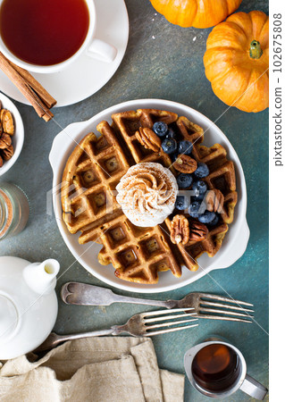 Pumpkin waffles with whipped cream for breakfast Pumpkin waffles with whipped cream for breakfast 102675808