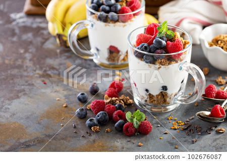 Granola yougurt parfait with fresh berries 102676087