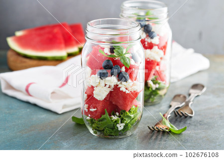 Watermelon salad ina jar with feta 102676108