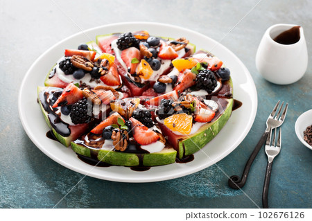 Watermelon pizza with fruits and yogurt Watermelon pizza with fruits and yogurt 102676126