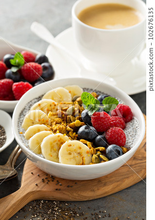 Vanilla chia pudding in a bowl with fresh fruit Vanilla chia pudding in a bowl with fresh fruit 102676135