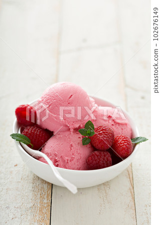 Raspberry ice cream in white bowl 102676149