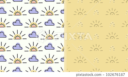 Weather childish seamless pattern set of 2 layouts, cloud rainbow sun shapes, hand drawn ink graph design, doodle cartoon baby style. Pastel pink blue yellow colour palette Weather childish seamless pattern set of 2 layouts, cloud rainbow sun shapes, hand drawn ink graph design, doodle cartoon baby style. Pastel pink blue yellow colour palette 102676187