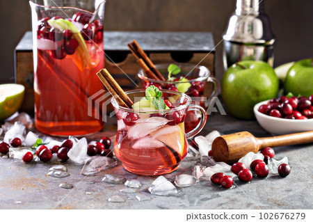 Winter refreshing cocktail with apples and cranberry 102676279