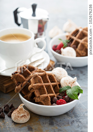 Chocolate waffles with meringues and coffee 102676286