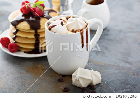 Hot chocolate with marshmallows and little meringues 102676296