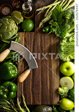 Variety of green vegetables and fruits 102676447