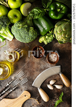 Variety of green vegetables and fruits 102676451