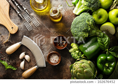 Variety of green vegetables and fruits 102676452