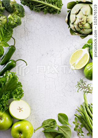 Variety of green vegetables and fruits 102676519